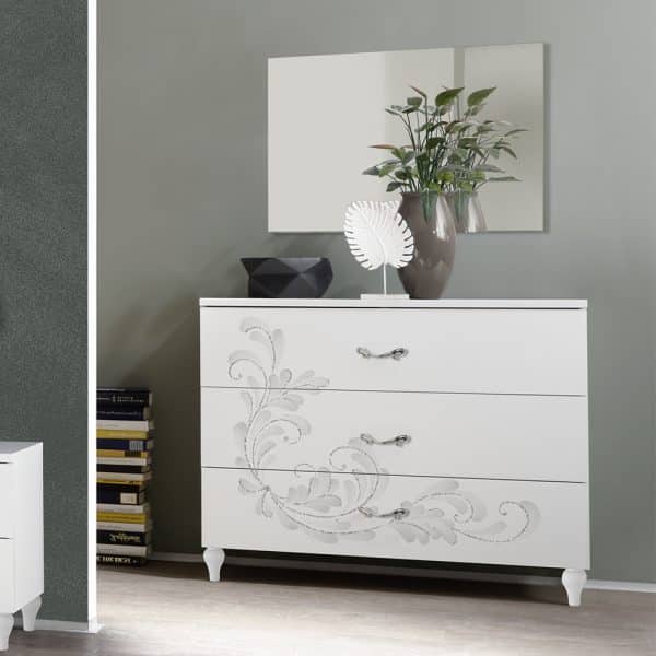 Naihati Wooden Chest Of 3 Drawers In Serigraphy White | Bed Sava