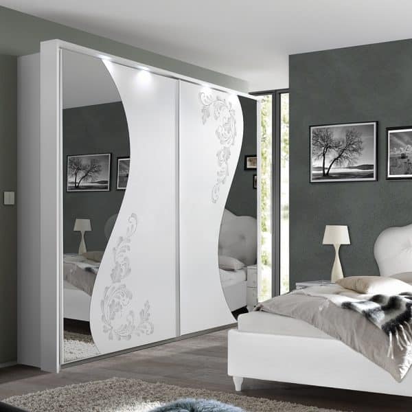 Naihati Wooden Wardrobe With Mirror In Serigraphy White And LED | Bed Sava