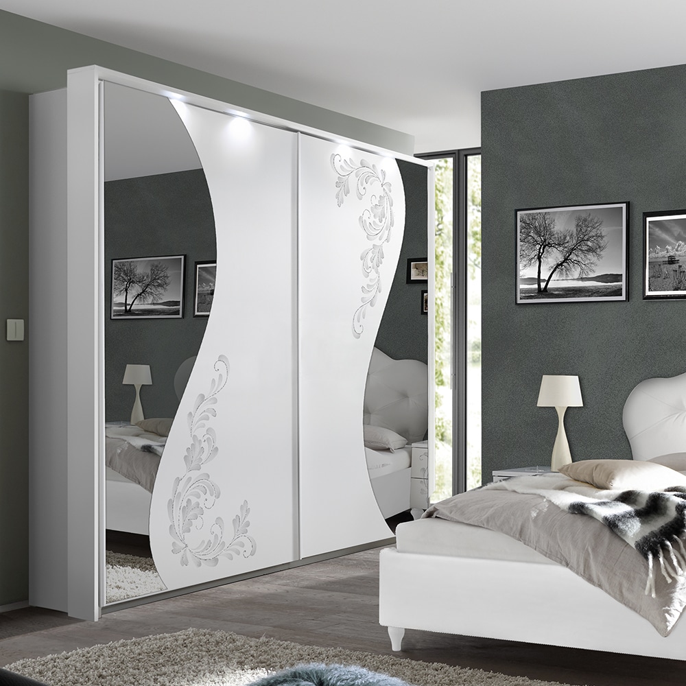 Naihati Wooden Wardrobe With Mirror In Serigraphy White And LED