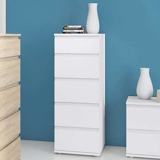 Naira Wooden Tall Chest Of 5 Drawers In White