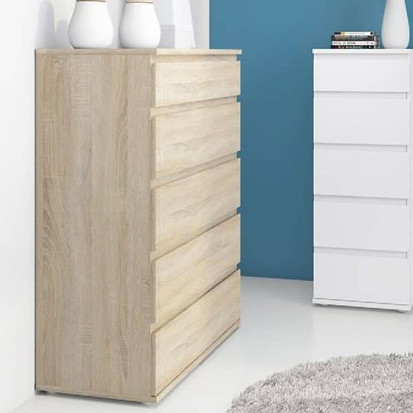 Naira Wooden Chest Of 5 Drawers In Oak | Bed Sava