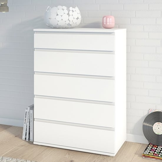 Naira Wooden Wide Chest Of 5 Drawers In White