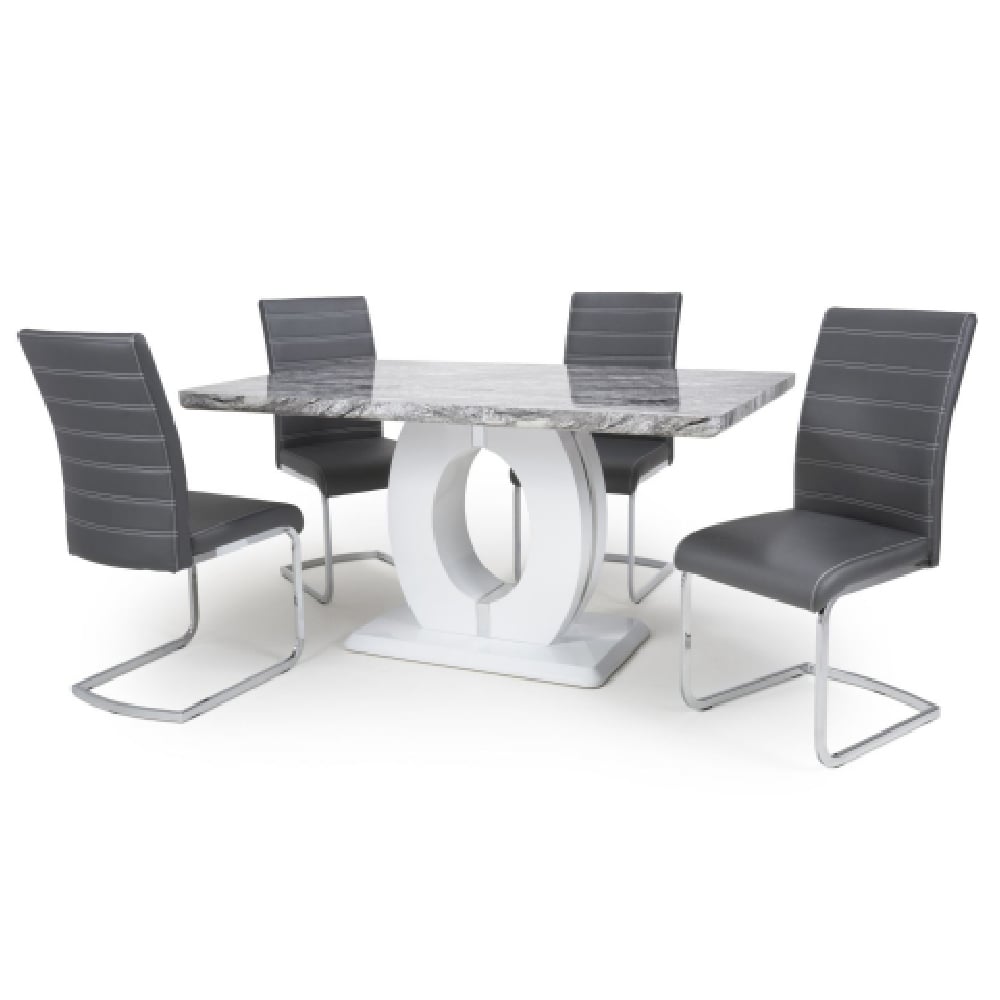 Naiva Grey Gloss Marble Dining Table With 4 Conary Grey Chairs