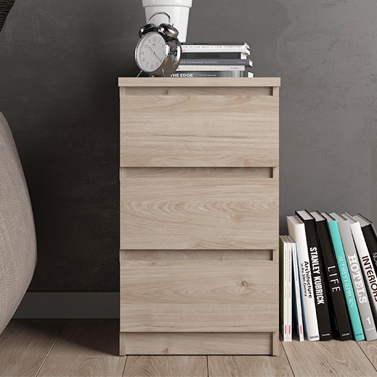 Nakou Wooden Bedside Cabinet With 3 Drawers In Oak