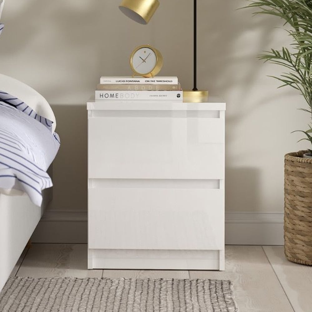 Nakou High Gloss Bedside Cabinet With 2 Drawers In White