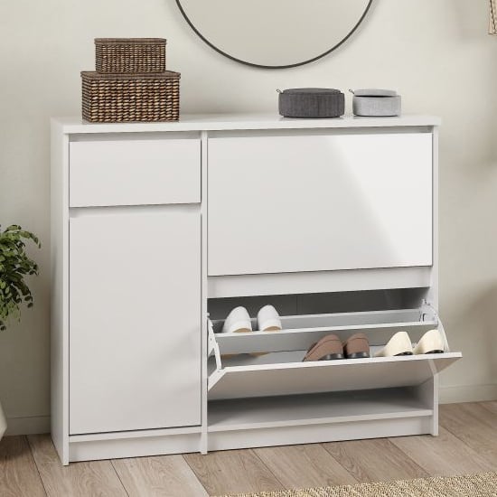 Nakou High Gloss Shoe Storage Cabinet With 2 Flip Doors In White