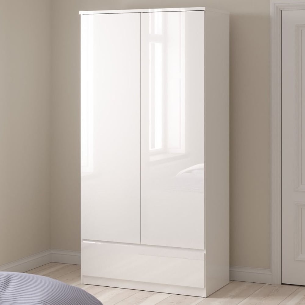 Nakou High Gloss Wardrobe With 2 Doors 1 Drawer In White