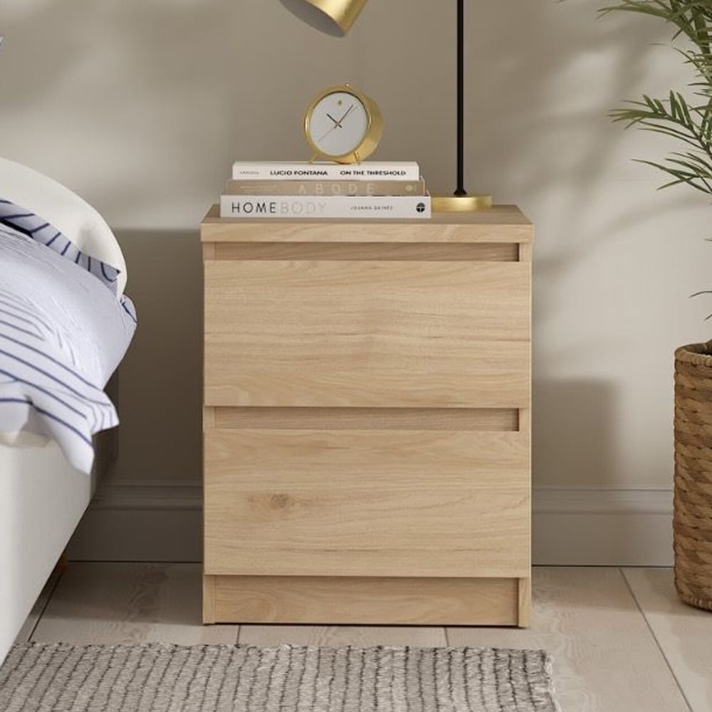 Nakou Wooden Bedside Cabinet With 2 Drawers In Jackson Hickory