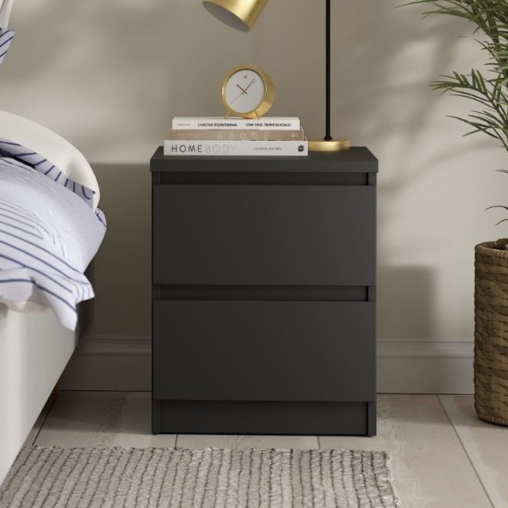 Nakou Wooden Bedside Cabinet With 2 Drawers In Matt Black