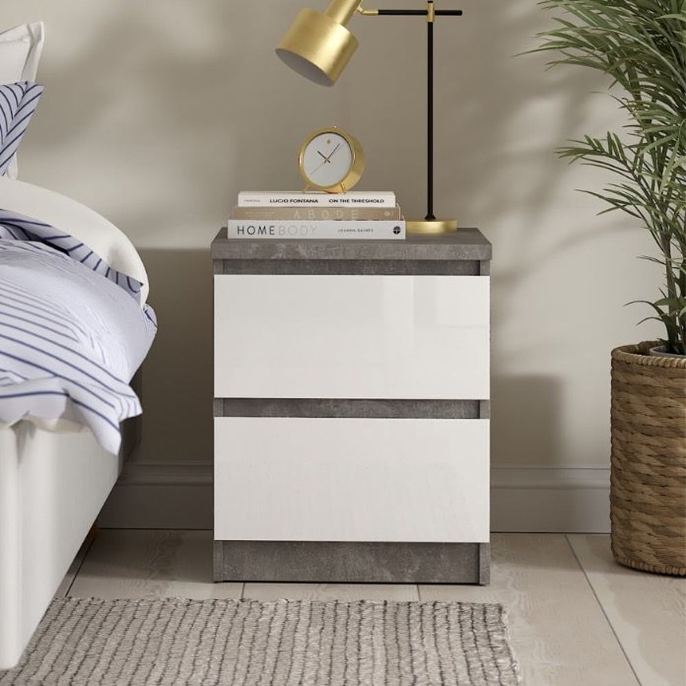 Nakou Wooden Bedside Cabinet With 2 White Gloss Drawers In Cashmere