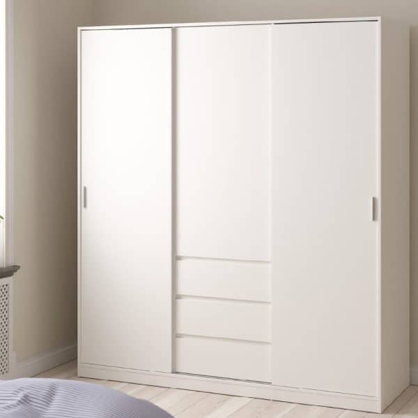 Nakou Wooden Wardrobe With 2 Sliding Doors 3 Drawers In White | Bed Sava