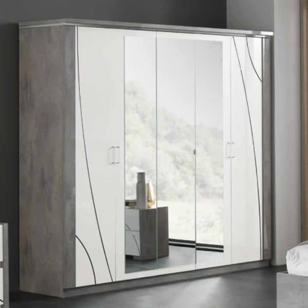 Namilon LED Mirrored Wardrobe 5 Doors In Gloss White Grey Marble | Bed Sava