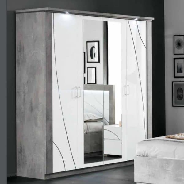 Namilon LED Mirrored Wardrobe 4 Doors In Gloss White Grey Marble | Bed Sava