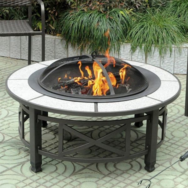 Nanterre Fax Stone Burning Fire Pit With Grilling In Cream Stone | Bed Sava