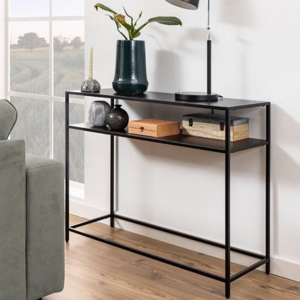 Napa Metal Console Table With Open Shelf In Matt Black | Bed Sava