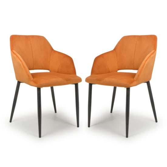 Narva Burnt Orange Velvet Dining Chairs With Black Legs In Pair