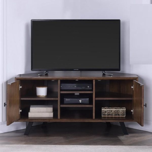Narva Wooden Corner TV Stand With 2 Doors In Walnut | Bed Sava