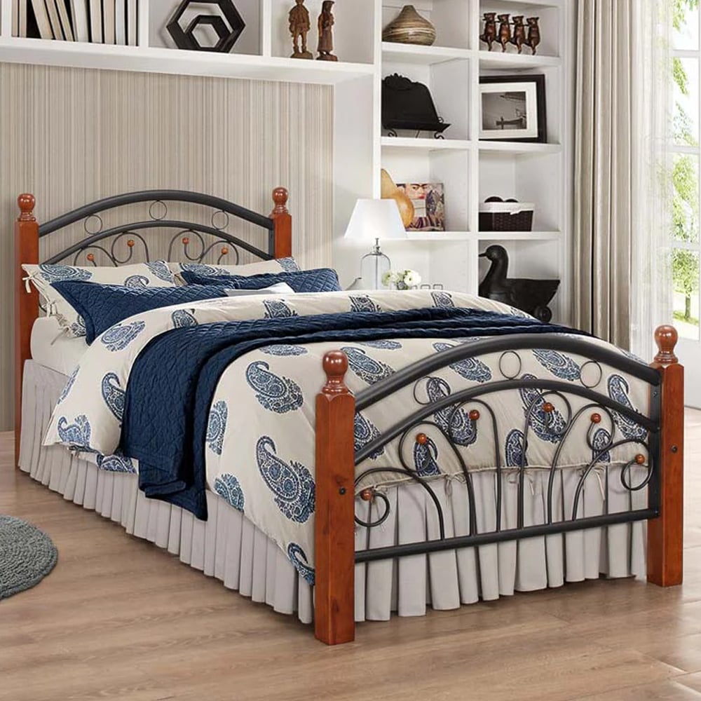 Natick Metal Single Bed With Wooden Pillar In Dirty Oak