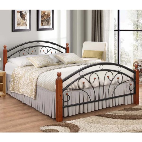 Natick Metal Small Double Bed With Wooden Pillar In Dirty Oak | Bed Sava