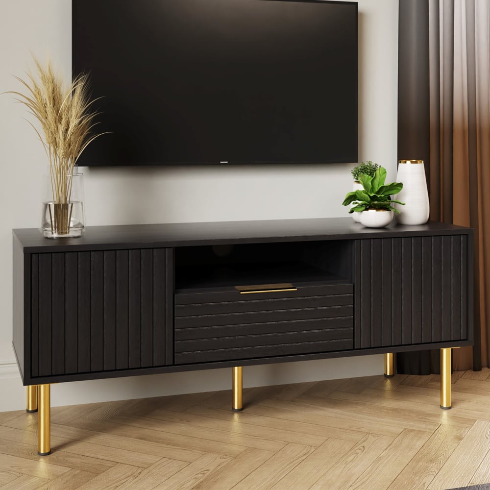 Natick Wooden TV Stand With 2 Doors 1 Drawer In Black