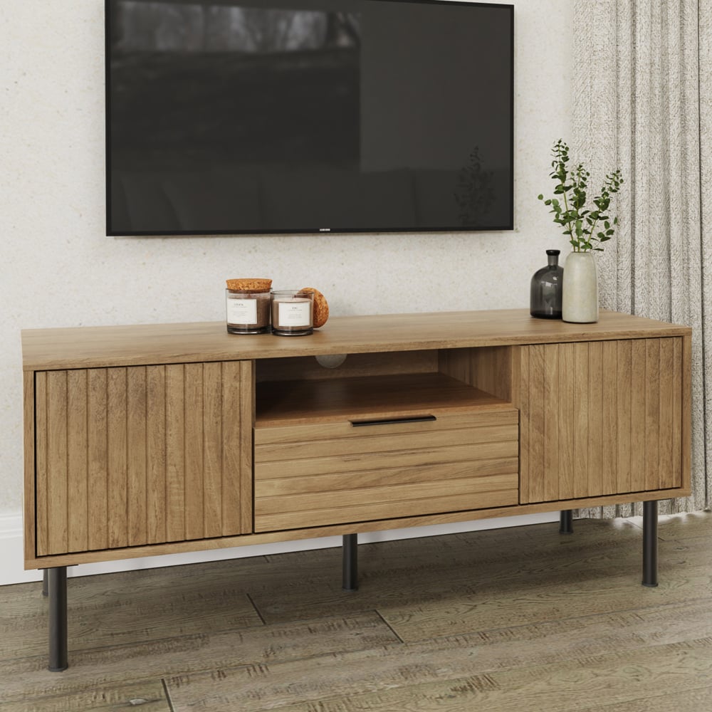 Natick Wooden TV Stand With 2 Doors 1 Drawer In Oak