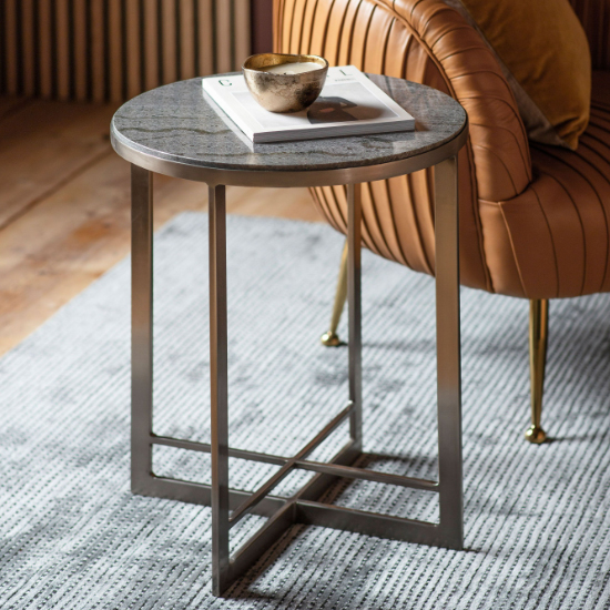 Nectar Grey Marble Side Table Round With Silver Metal Frame