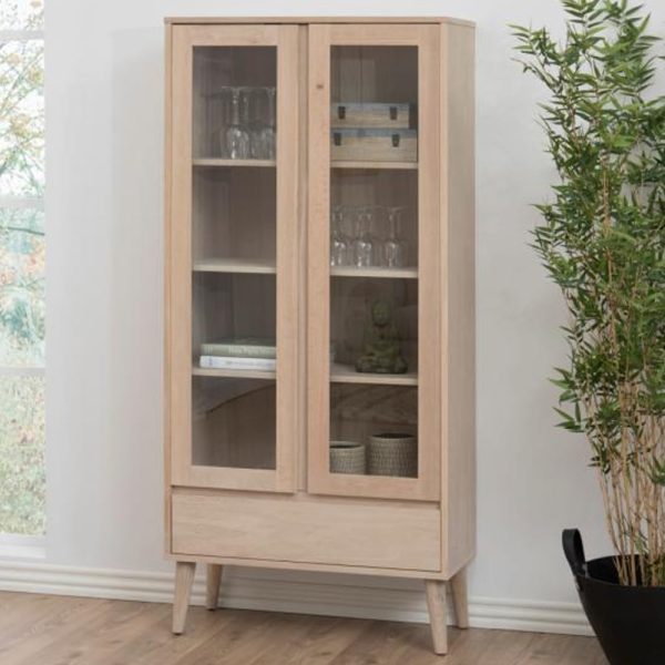 Nephi Wooden Display Cabinet With 2 Doors 1 Drawer In White Oak | Bed Sava
