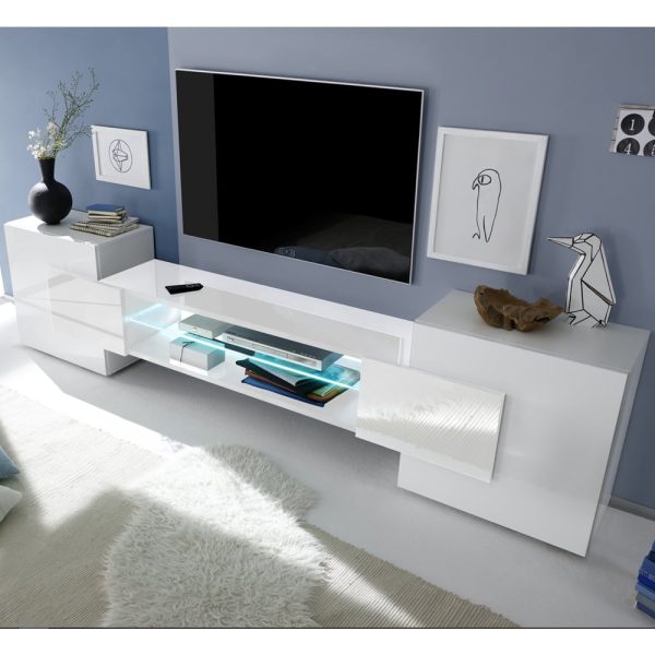 Nevaeh White High Gloss TV Stand With 2 Doors And LED Lights | Bed Sava