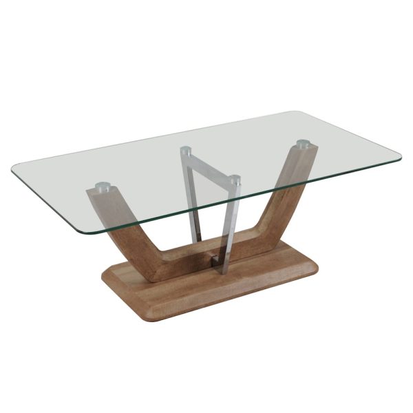 Newark Clear Glass Coffee Table With Chrome And Wooden Base | Bed Sava