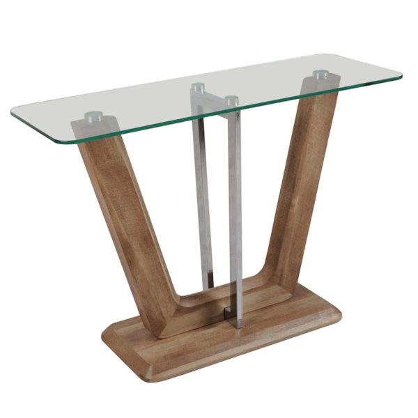Newark Clear Glass Console Table With Chrome And Wooden Base | Bed Sava