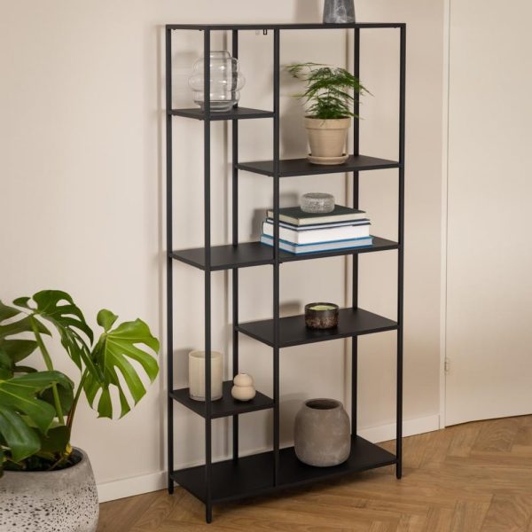 Newberry Metal Bookcase With 6 Shelves In Matt Black | Bed Sava