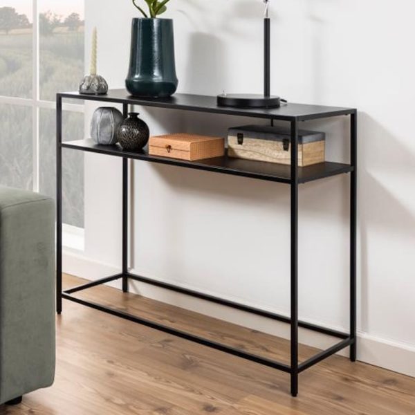 Newberry Metal Console Table With Undershelf In Matt Black | Bed Sava