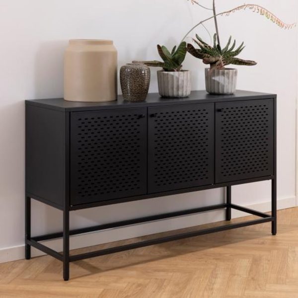 Newberry Small Metal Storage Cabinet With 3 Doors In Matt Black | Bed Sava