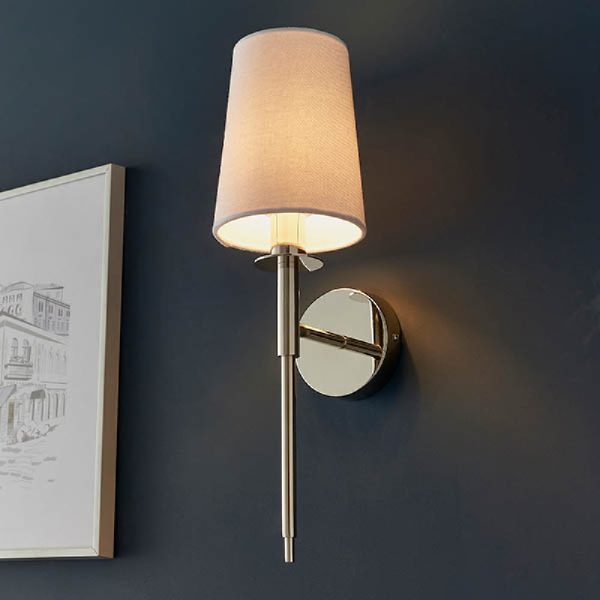 Newkirk Vintage White Fabric Wall Light In Bright Nickel | Bed Sava