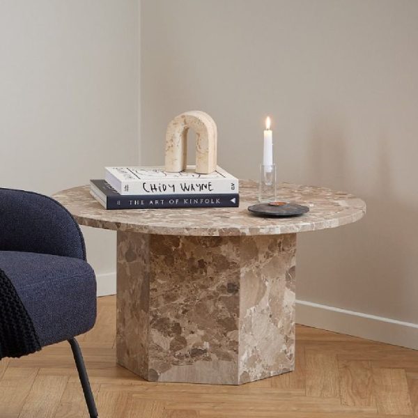 Newry Marble Stone Round Coffee Table In Brown | Bed Sava