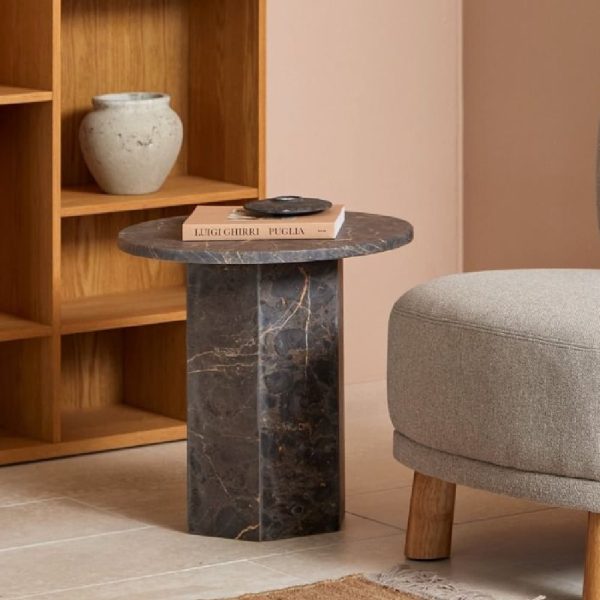 Newry Marble Stone Round Side Table In Marron | Bed Sava