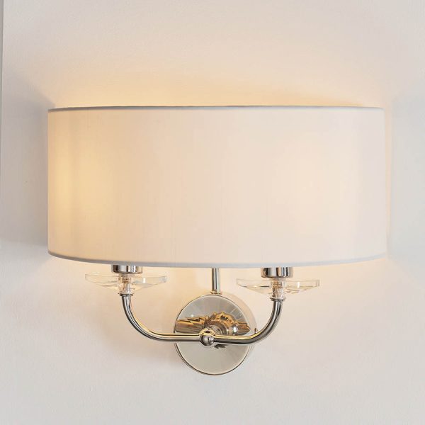 Newton 2 Light Vintage White Fabric Wall Light In Bright Nickel | Bed Sava