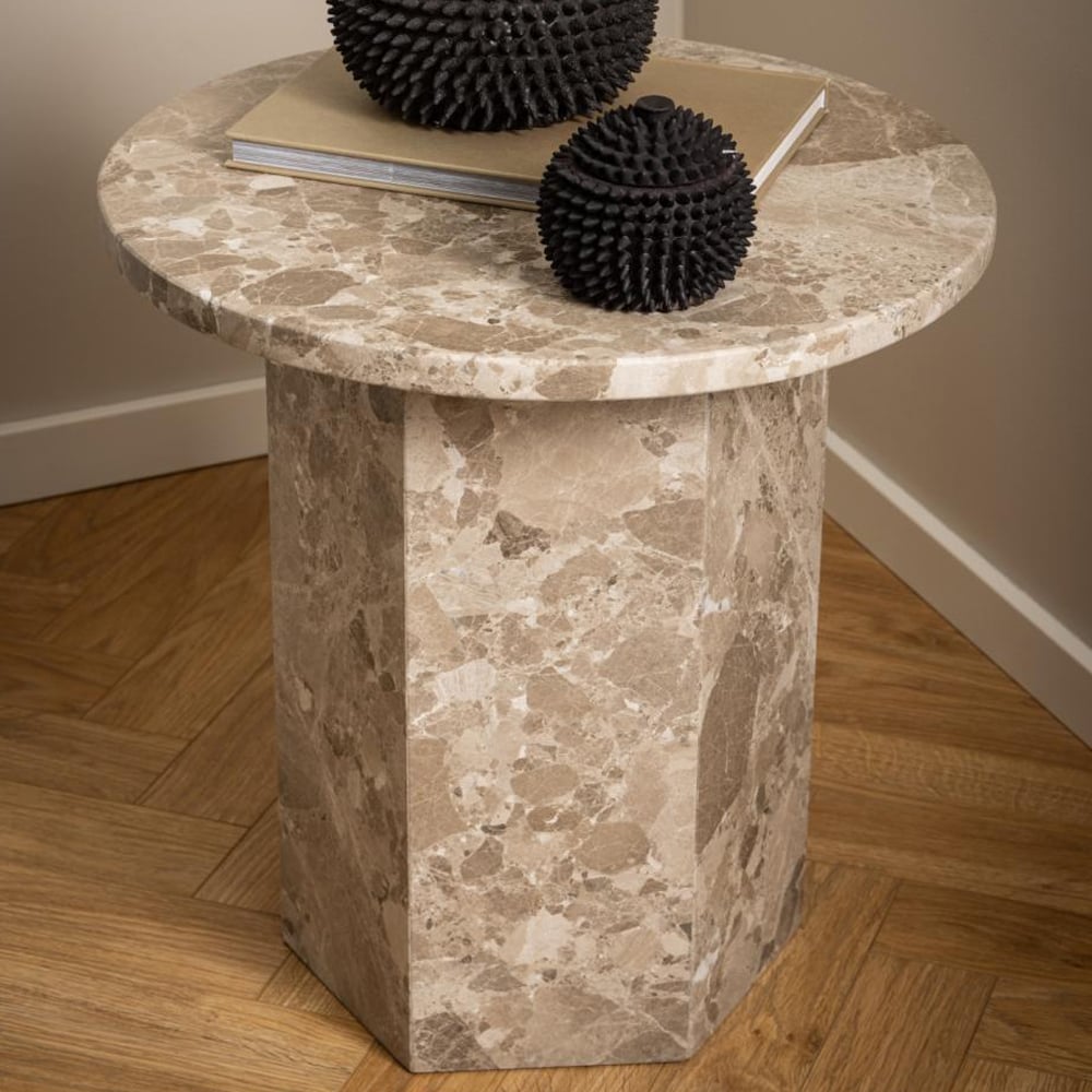 Niceville Marble Round Side Table In Matt Latte Brown