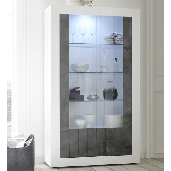 Nitro White Gloss Display Cabinet With 2 Doors In Oxide And LED | Bed Sava