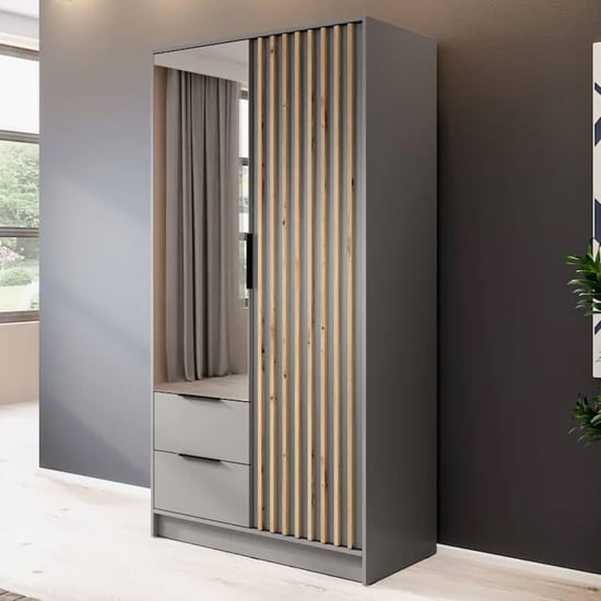 Newberry Mirrored Wardrobe With 2 Hinged Doors 105cm In Grey