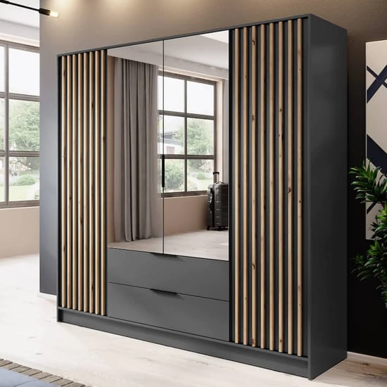 Newberry Mirrored Wardrobe With 4 Hinged Doors 206cm In Graphite