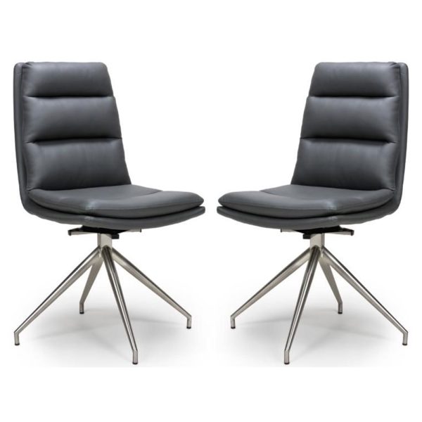 Norton Grey Leather Dining Chairs With Steel Legs In Pair | Bed Sava