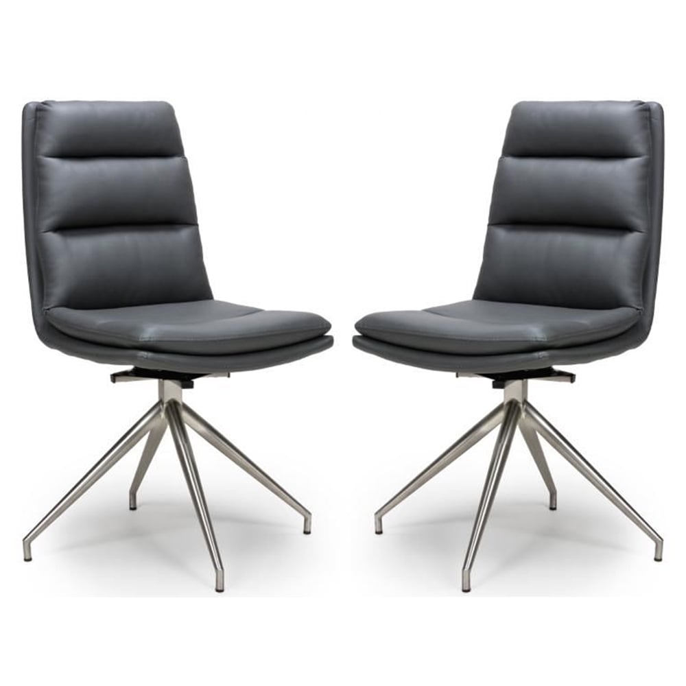Norton Grey Leather Dining Chairs With Steel Legs In Pair