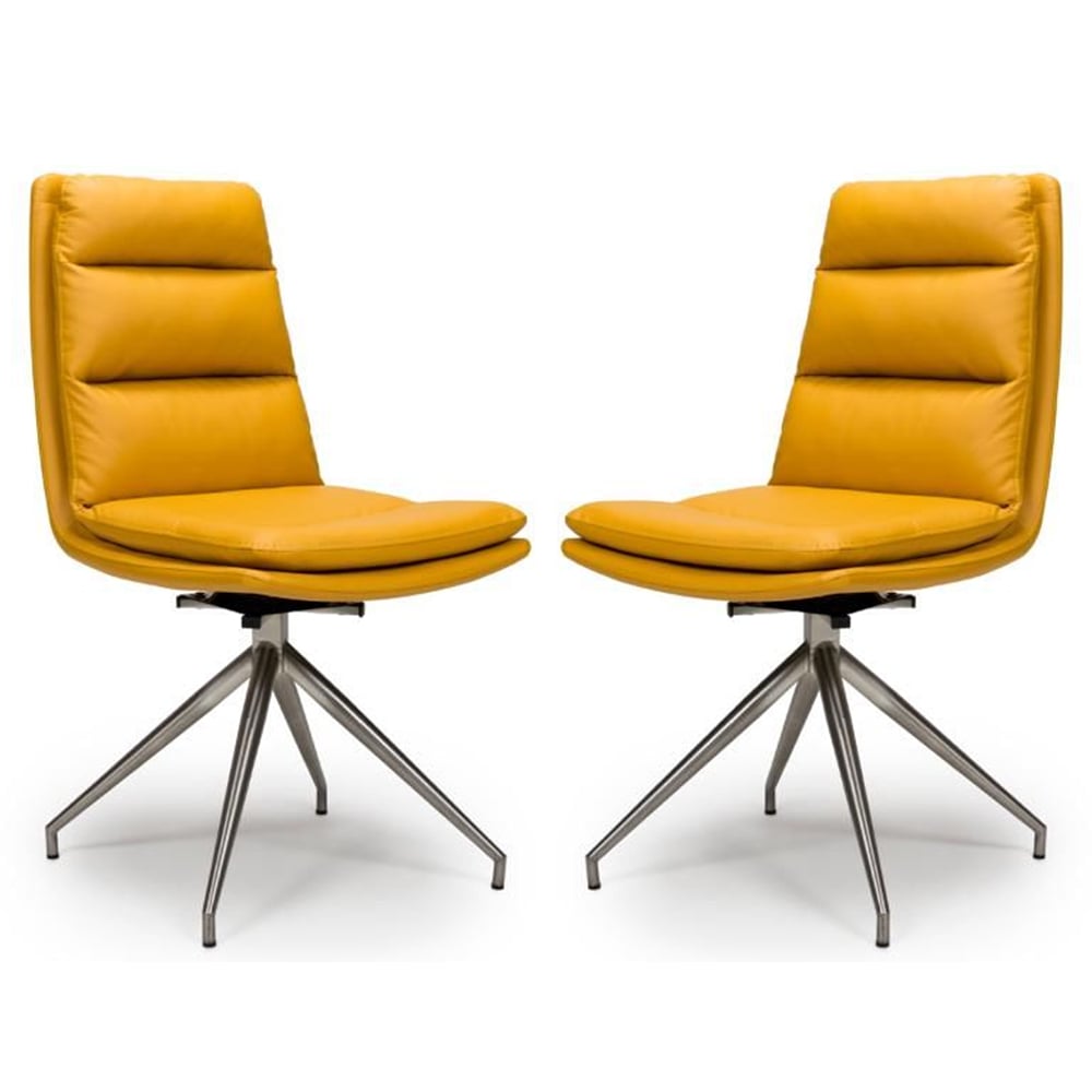 Norton Ochre Leather Dining Chairs With Steel Legs In Pair