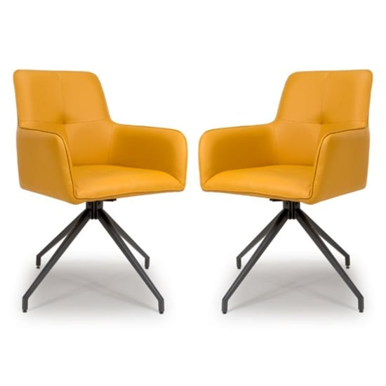 Novato Swivel Ochre Faux Leather Dining Chairs In Pair