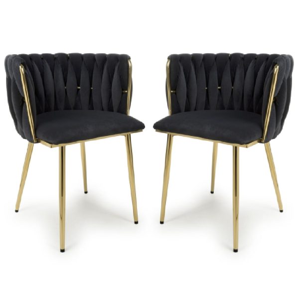 Oaklyn Black Velvet Dining Chairs With Gold Legs In Pair | Bed Sava