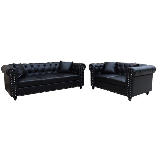 Oceanside Faux Leather 3+2 Seater Sofa Set In Black | Bed Sava