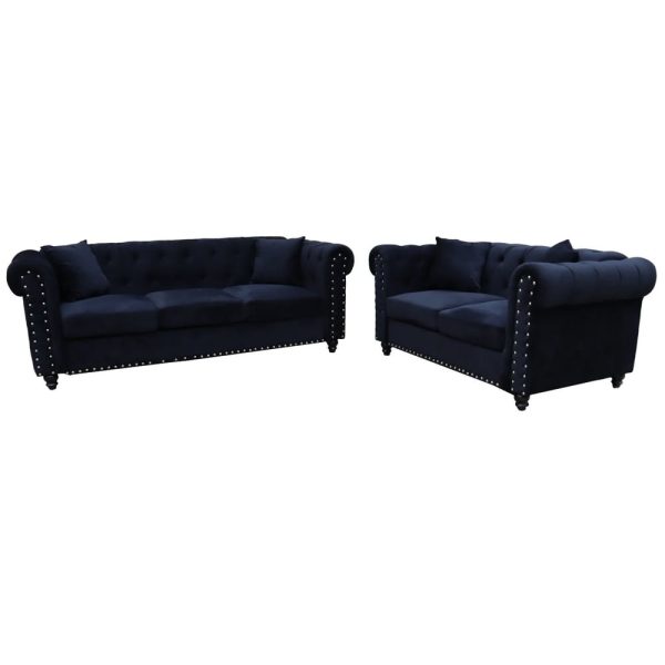 Oceanside Velvet 3+2 Seater Sofa Set In Black | Bed Sava