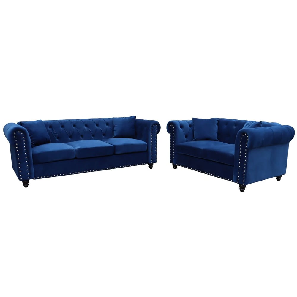 Oceanside Velvet 3+2 Seater Sofa Set In Blue
