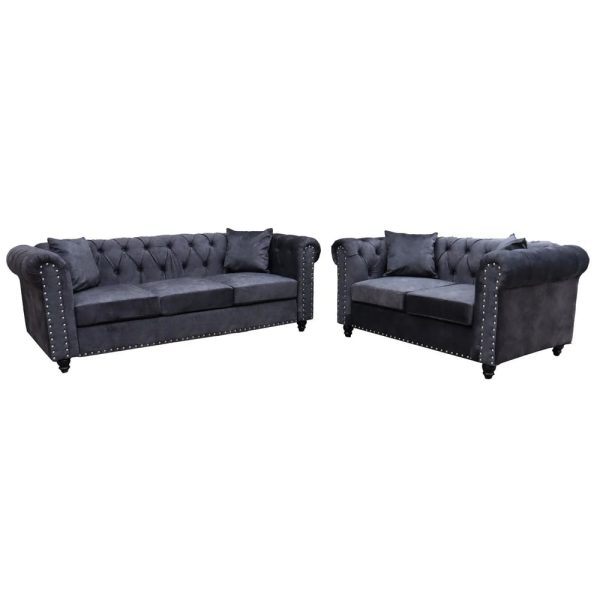 Oceanside Velvet 3+2 Seater Sofa Set In Dark Grey | Bed Sava